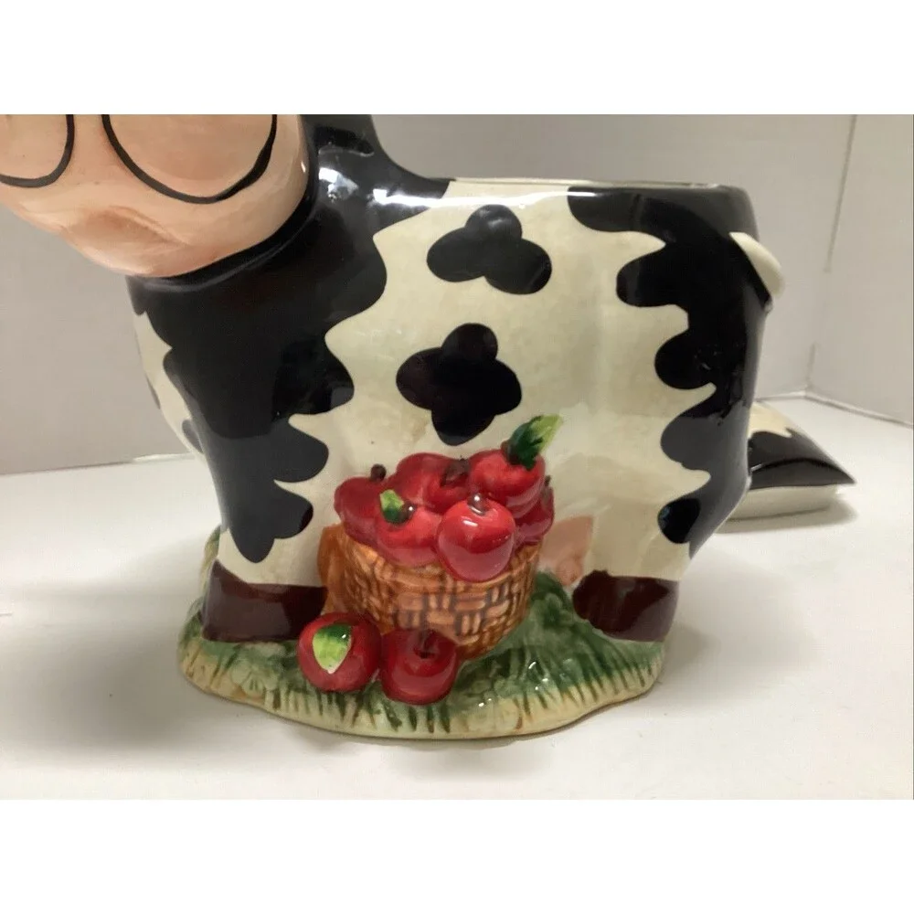 vintage GKRO ceramic cow cookie jar blue bird apples